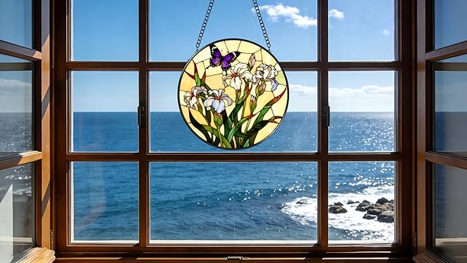 Funoasis Stained Glass Window Hanging 6.3 Inches Suncatcher - Beautiful Irises and Butterfly Ornaments Sun Catcher Home Decor Women Birthday