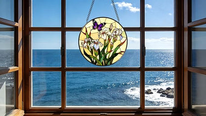 Funoasis Stained Glass Window Hanging 6.3 Inches Suncatcher - Beautiful Irises and Butterfly Ornaments Sun Catcher Home Decor Women Birthday