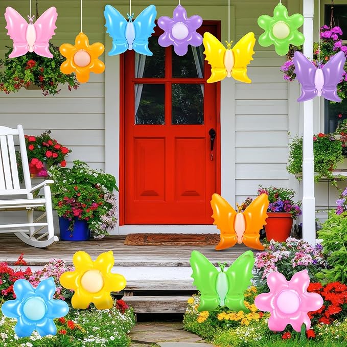 Realspring 12 Pcs 12 Inch Spring Inflatable Outdoor Decorations Butterfly Flowers Inflatable Hanging Ornament Large PVC Spring Butterfly Flowers Blow up Yard Party Indoor Outdoor Decor