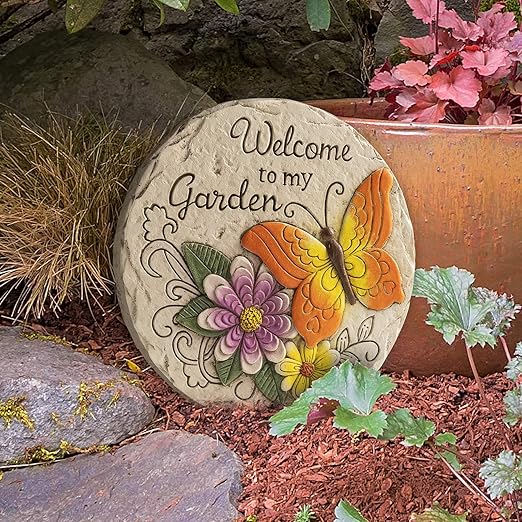 Garden Stepping Stones Outdoor Butterfly Step Stones for Walkway Gardening Gifts Welcome to My Garden Decorative Round Concrete Stones for Yard Outside Stone