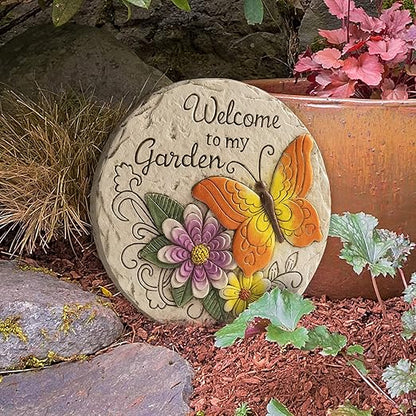 Garden Stepping Stones Outdoor Butterfly Step Stones for Walkway Gardening Gifts Welcome to My Garden Decorative Round Concrete Stones for Yard Outside Stone