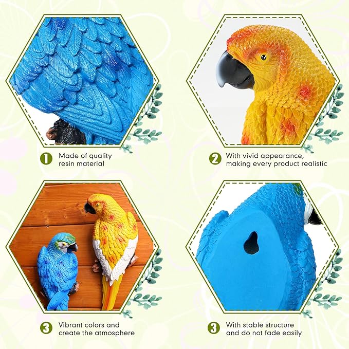 Jetec Parrot Decor Outdoor Tiki Bar Decor Large Realistic Parrot Statues Outside Lifelike Bird Sculptures Garden Patio Yard Lawn Figurines for Tropical Animal Tree Wall(2 Pcs,Blue, Yellow)