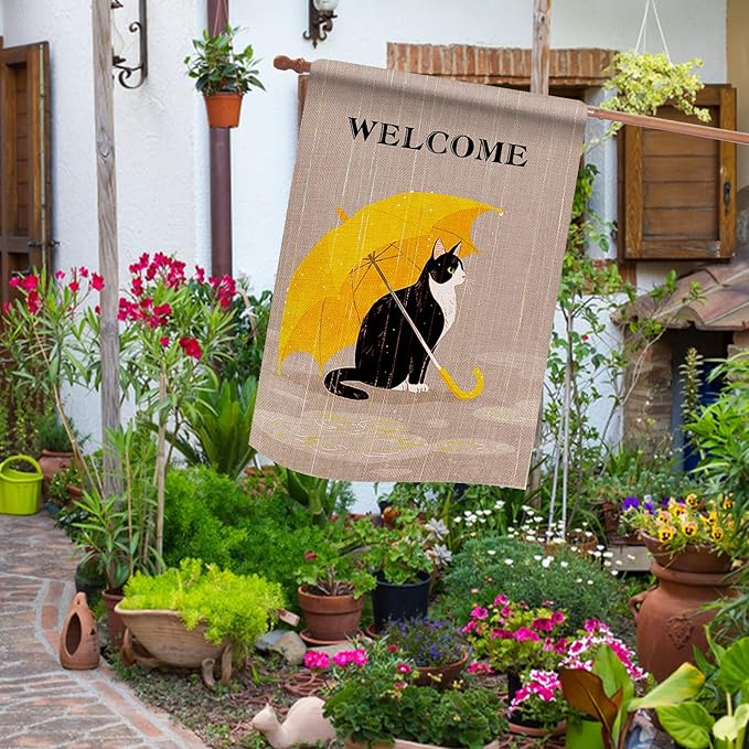 Dyrenson Welcome Spring Summer Tuxedo Cat 28 x 40 House Flag Double Sided, Pet Yellow Umbrella Garden Yard Decorations Cat Lover Gifts, Seasonal Burlap Outdoor Decor Decorative Large Flag