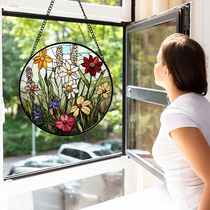 DASTOLL Stained Glass Window Hanging, Colorful Wildflowers Plant Scenery Suncatcher for Doors Window Home White Green Sun Catchers Decor Mother's Day Birthday Gifts for Women, Men Mom 6.3 in