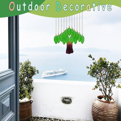 Leaf Shape Glass Wind Chimes for Outside Decoration, Green Tree Windchimes Outdoors Unique, Handcrafted Suncatcher Glass Art Wind Chimes for Women, Hanging Outdoor Christmas Decor