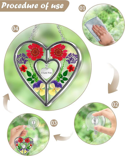 KY&BOSAM Heart Suncatchers I Love You Stained Glass Hangings for Windows Suncatcher Birthday Gifts for Women Mothers Valentine`s Day Real Flower Glass & Metal Maker for Christmas Party Home Decor