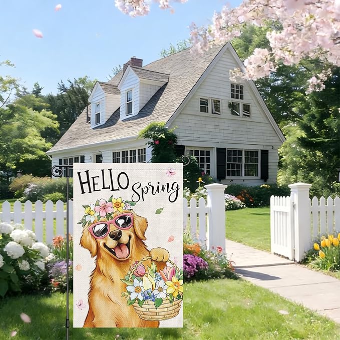 Heyfibro Hello Spring Golden Retriever Garden Flag 12x18 Inch Double Sided Spring Flowers Garden Flag Small House Flags for Outside Yard Farmhouse Holiday Seasonal Outdoor Decorations