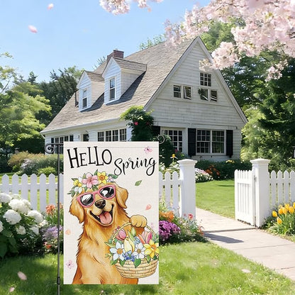 Heyfibro Hello Spring Golden Retriever Garden Flag 12x18 Inch Double Sided Spring Flowers Garden Flag Small House Flags for Outside Yard Farmhouse Holiday Seasonal Outdoor Decorations