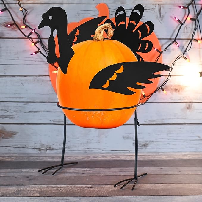 Ornativity Turkey Design Pumpkin Holder Stand - Metal Outdoor Yard Ornament Thanksgiving Garden Decorative Fall Autumn Porch Prop - 1 Set