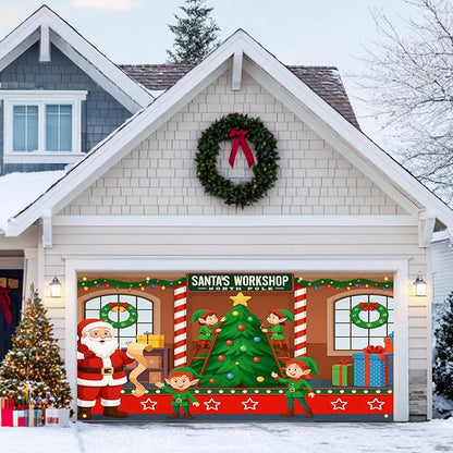 HOMETITUTE Christmas Garage Door Banner 13x6ft Santas Workshop Elves Santa Claus Theme Backdrop Banners for Outside Inside Winter Door Cover Garage Wall Covering for Party Garage Decorations