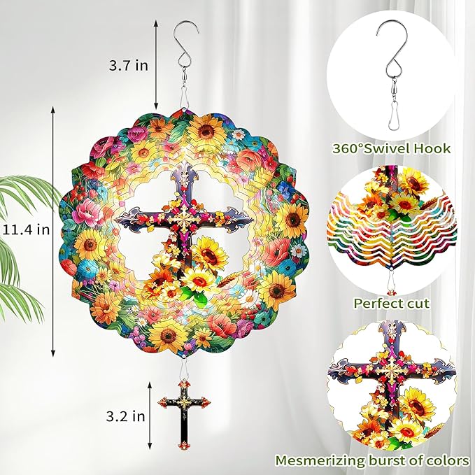 Cross Wind Spinners Outdoor Hanging - 12 Inch 3D Cross & Sunflower Kinetic Art for Yard Patio Ornament Garden Decorations, Christian Gifts for Women Mother's Day Birthday
