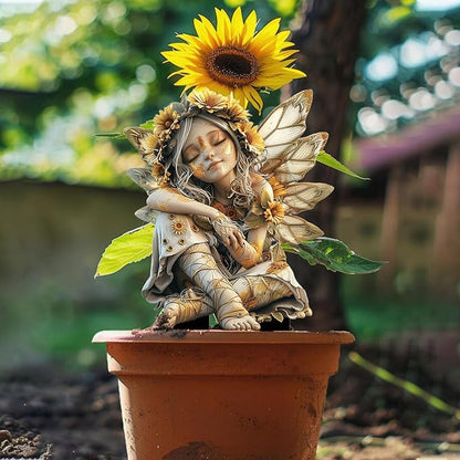 Flower Fairy Garden Stake Decor, 2D Flat Acrylic Elf Garden Sign with Stake, Fairy with Magic Sign for Indoor Outdoor Yard Lawn Balcony Pot Plants (Sunflower Fairy)