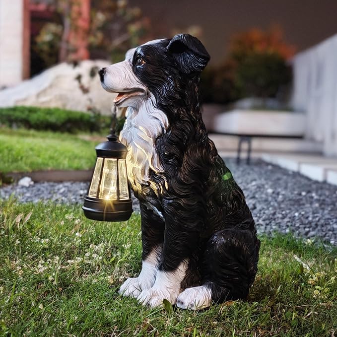 COWOS Solar Border Collie Dog Statue with Lantern, Resin Outdoor Garden Decor, Solar Powered LED Dog Sculpture for Patio Porch Yard