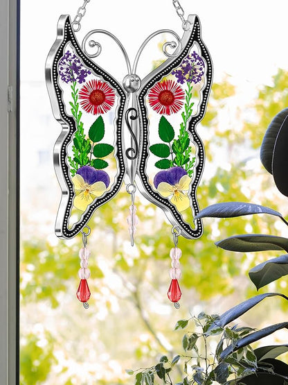 KY&BOSAM Butterfly Suncatchers DIY Stained Glass Suncatcher for Windows Ornament Wind Chime with Pressed Flower Embedded in Glass Birthday Gifts for Mom Mother`s Valentine's Day