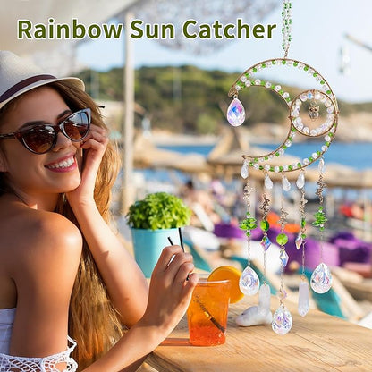 Sun Catcher Rainbow Maker with Moon Shape Natural Green Stones and Various Crystal Shapes Unique Crystal Decoration for Home or as a Gift Stunning Light Refraction and Colorful Display