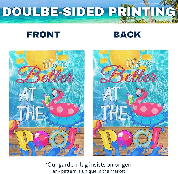 Pool Garden Flag Swimming Pool Spring Yard Flags Summer Welcome Decorative Flags Life is Better at the Pools House Banner for Outside Patio Porch Home Decoration 12x18 Double Sided
