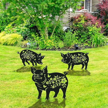 Rngmsi Pig Decorative Garden Stakes Gifts, 3PCS Metal Pig Garden Statues Decor for Outside, Black Silhouette Yard Lawn Outdoor Gifts for Women Men Pig Lovers