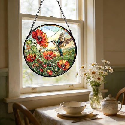 DASTOLL Stained Glass Window Hanging, Hummingbirds Orange Flowers Suncatcher Diamond Glass Panel Hangings Sun Catchers Decor for Birthday for Women, Men, Wife, Aunt, and Mom 14.9 in