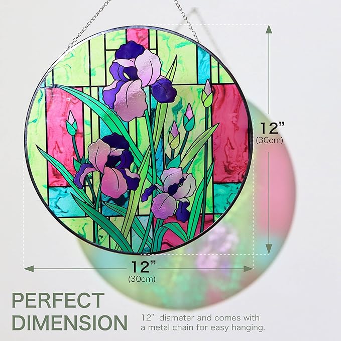 Hanway Suncatcher in Colorful Stained Glass 12" Dia - Genuine Brightly Colored Glass, Protective Metal Edge, Ready to Use Hanging Chain, for Window, Garden (Iris)