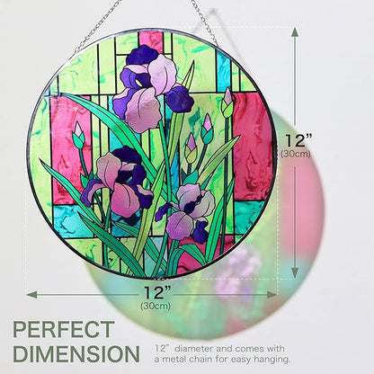 Hanway Suncatcher in Colorful Stained Glass 12" Dia - Genuine Brightly Colored Glass, Protective Metal Edge, Ready to Use Hanging Chain, for Window, Garden (Iris)
