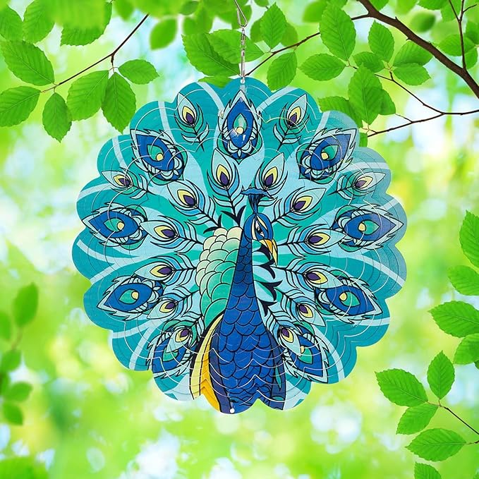 Peacocks 3D Stainless Steel Wind Spinner - Outdoor Wind Catchers, Kinetic Hanging Ornament, 12Inch Wind Spinners for Gardens and Courtyards