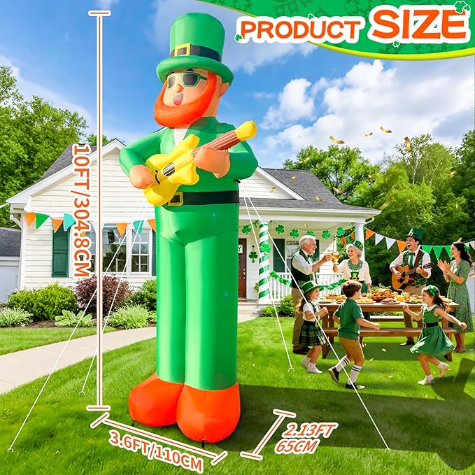 10Ft Giant St. Patrick's Day Inflatable Outdoor Decoration Blow Up Inflatable Leprechaun with Guitar Inflatable St. Patrick's Day Yard Decorations for Outdoor Garden Lawn Party(with Drawstring Bag)