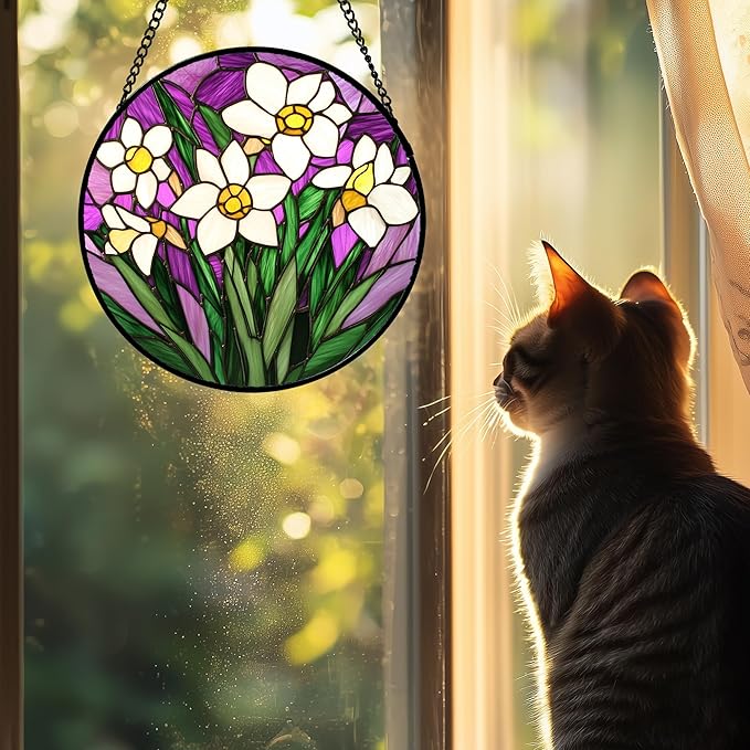 Stained Glass Window Hanging 4 Pcs Set Tulips Plum Flower Daffodils Hyacinths 9.8" - Suncatcher Door Garden Sun Catcher Decor Birthday Mother's Day for Mom Woman Nana