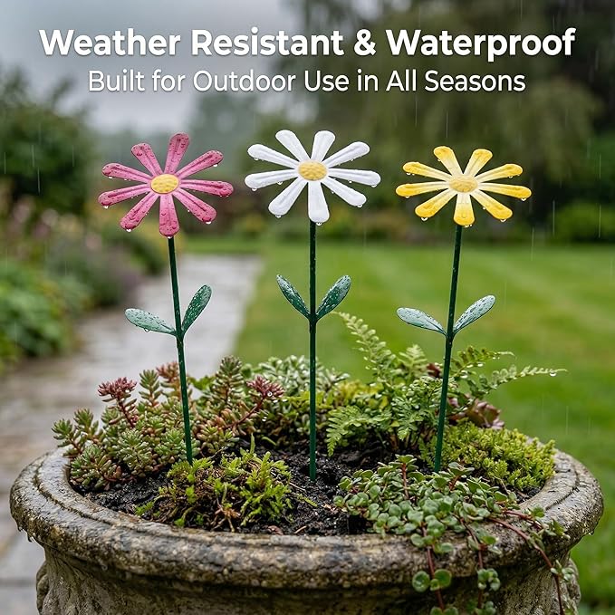 Flower Garden Stake Decor, Outdoor Plant Pick Water Proof Metal Sunflower Daisy Stick for Lawn Yard Patio, Pathway Ornament, Set of 3