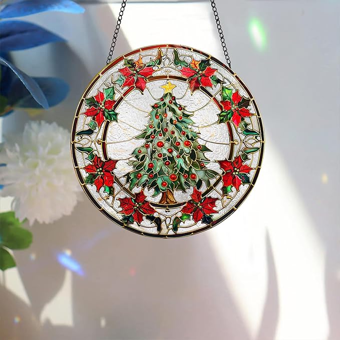 Bimkole Christmas Tree Stained Glass Suncatcher Window Hanging - Leaves Indoor Window or Doorway Decoration - Handmade Sun Catcher Decor for Garden Home Christmas & Birthday Gifts 7.87x7.87 inch