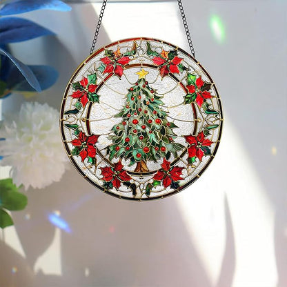 Bimkole Christmas Tree Stained Glass Suncatcher Window Hanging - Leaves Indoor Window or Doorway Decoration - Handmade Sun Catcher Decor for Garden Home Christmas & Birthday Gifts 7.87x7.87 inch