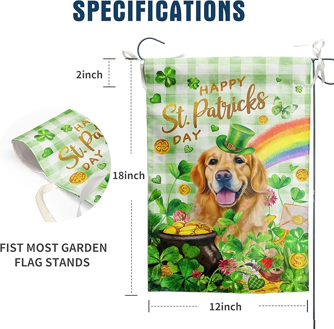 Golden Retriever St Patricks Day Garden Flag Dog St Patrick's Day Yard Flags for Outside 12x18 Double Sided Buffalo Plaid Shamrock Flag Small Outdoor Rainbow St Patrick's Decor