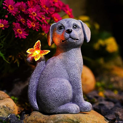 Nacome Solar Dog Outdoor Statues for Garden: Outside Decor with Butterfly Clearance for Yard Art Lawn Ornaments Patio Balcony Home House for Grandma Mom Women