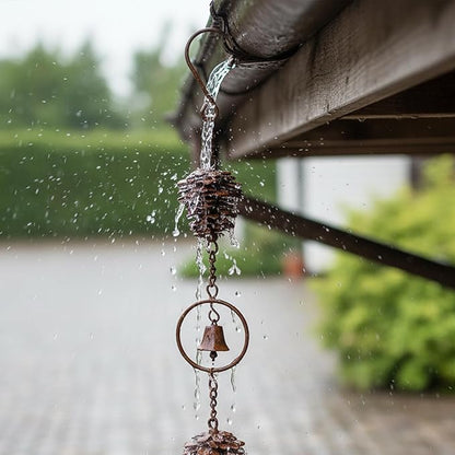 3.6 Feet Pinecone Rain Chains Gutters, Pinecone Shaped Iron Metal Downpipe Outside Catcher, Decorative Pine Cones and Bells Adjustable Hanging Rainchain for Indoor & Outdoor for Garden Decoration