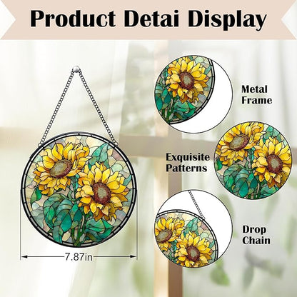 Sunflower Stained Glass Window Hanging Suncatchers, Sunflower Flower Sun Catchers Indoor Window Glass Wall Art Decor, Floral Wall Hanging Decorations Sculptures, 7.9x7.9in