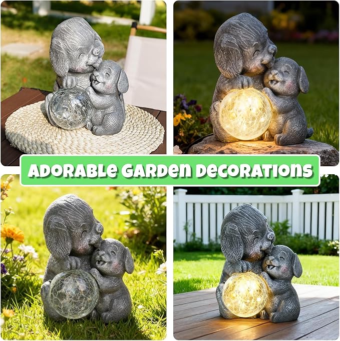 Solar Garden Statue Light, 8inch Outdoor Puppy Figurine with Solar Light for Patio, Lawn, Yard, Housewarming Birthday Gifts for Dad, Mom, Grandma,Women (Grey Dog)