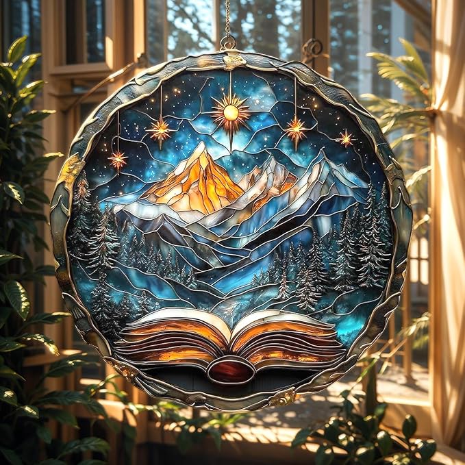 Celestial Opening Book Acrylic Suncatcher, Bookish Suncatchers for Window Hanging Ornament, Art Garden Decor for Book Lover Reader Bookworm, Gifts for Mother's Day, Mom, Grandma, Wife, Women, Nana