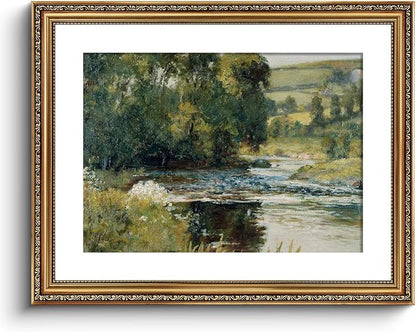 ARPEOTCY Vintage Gold Framed Large Wall Art, Nature Streamside Retro Paintings, Canvas Prints Artwork with Antique Frame, Victorian Wall Pictures Decor for Living Room Gallery Room 16x20 inch