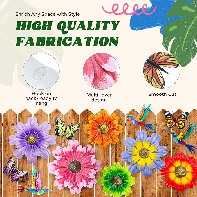 Colingmill 12 Pack Metal Flowers Butterfly Hummingbird Wall Art Decor 3D Metal Outdoor Wall Hanging Sculptures Decoration for Outdoor Garden Fence Yard Patio Indoor Living Room Balcony (Pink)