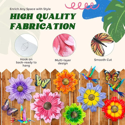 Colingmill 12 Pack Metal Flowers Butterfly Hummingbird Wall Art Decor 3D Metal Outdoor Wall Hanging Sculptures Decoration for Outdoor Garden Fence Yard Patio Indoor Living Room Balcony (Pink)