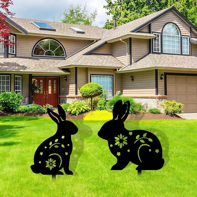 2 Pcs Easter Bunny Yard Signs Iron Rabbit Silhouette Decoration Black Metal Rabbit Yard Art for Outdoor Lawn Garden Spring Decor