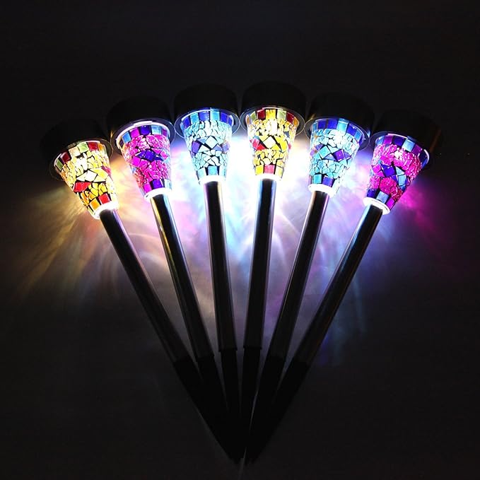 6-Pack Solar Mosaic Border Lawn Garden Lights, LED Mosaic Stake Lights Pathway Landscape Lighting for Patio Walkway Driveway Outdoor Christmas Garden Home Decoration (Multicolor)