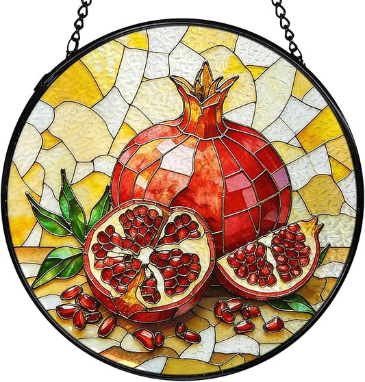 Pomegranate Decor, Summer Pomegranate Suncatchers Stained Glass Window Hanging, Summer Fruit Sun Catchers Indoor Window Glass Round Wall Decor, Fruit Kitchen Decor 7.9x7.9in