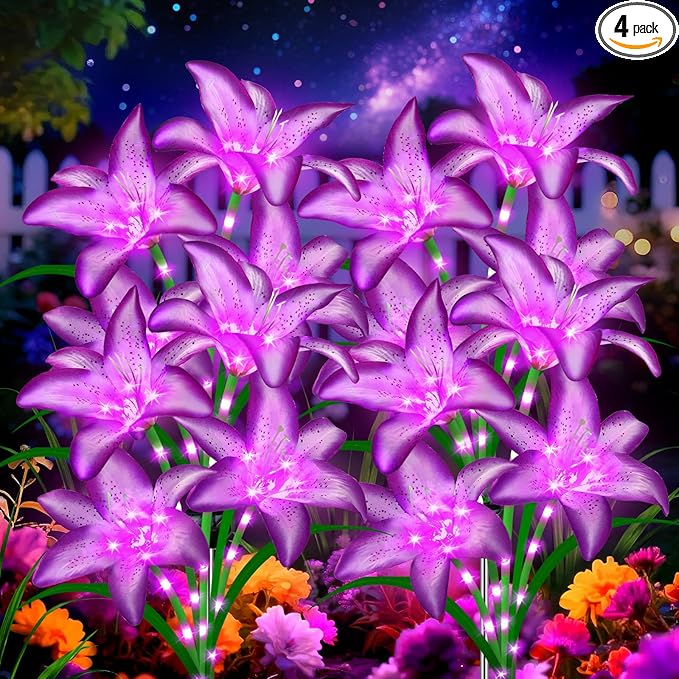Solar Garden Lights 4 Pack 16 Purple Lily Flowers, Gifts for Mom Woman Birthday Outdoor Solar Flower Lights,Cemetery Flowers for Grave - Decorative Lilies for Yard, Patio, Pathway Decorations