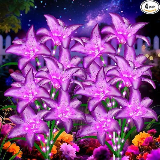 Solar Garden Lights 4 Pack 16 Purple Lily Flowers, Gifts for Mom Woman Birthday Outdoor Solar Flower Lights,Cemetery Flowers for Grave - Decorative Lilies for Yard, Patio, Pathway Decorations