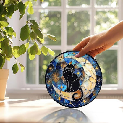 Cat Suncatcher, Black Cat on Moon Suncatchers Stained Glass Window Hanging, Celestial Moon and Star Sun Catchers Indoor Window Glass Round Wall Decor, 7.9x7.9in