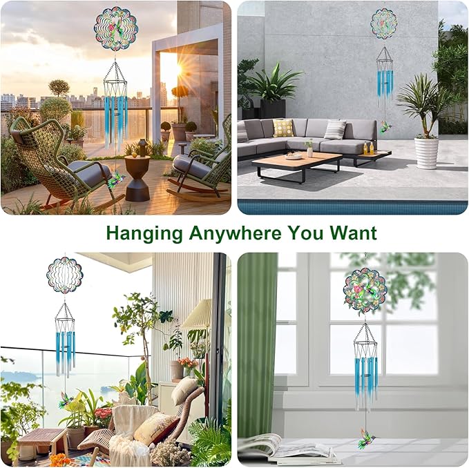 Hummingbird Wind Chimes for Outside, 3D Wind Chimes with Wind Spinner, Outdoors Hanging Decor for Garden, Patio and Balcony, Gifts for Men, Women, Mom, Lovers