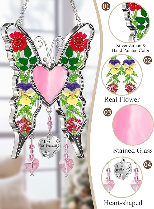 KY&BOSAM Heart Butterfly Suncatcher I Love You Grandma Stained Glass Panels Pink Heart for Windows Wind Chimes Metal Engraved Charm Gifts for Grandma Mothers Day Valentine's Birthday Christmas