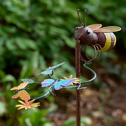 Red Carpet Studios Garden Art Balance Rocker Metal Garden Stake Yard Décor, 50” Tall, Bumblebee and Butterflies