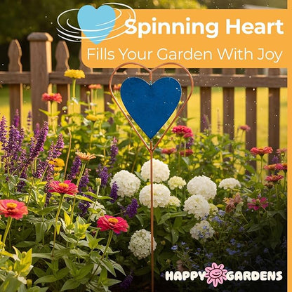 Happy Gardens Metal Garden Stake with Blue Heart Spinner (27” Tall - Glossy, Textured Finish) Decorative Large Outdoor Yard Art, and Outside Decor
