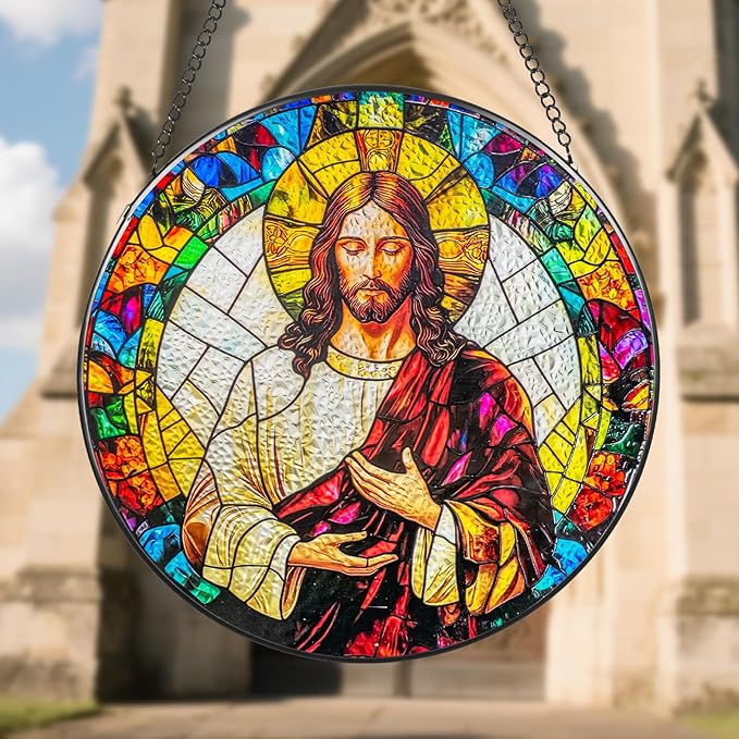 Suncatcher Stained Glass Window Hanging - Jesus Christ Glass Panel with Metal Chain and Hooks Handmade Sun Catcher Decoration for Window Garden Home Christmas & Birthday Gifts (7.8 Inch)